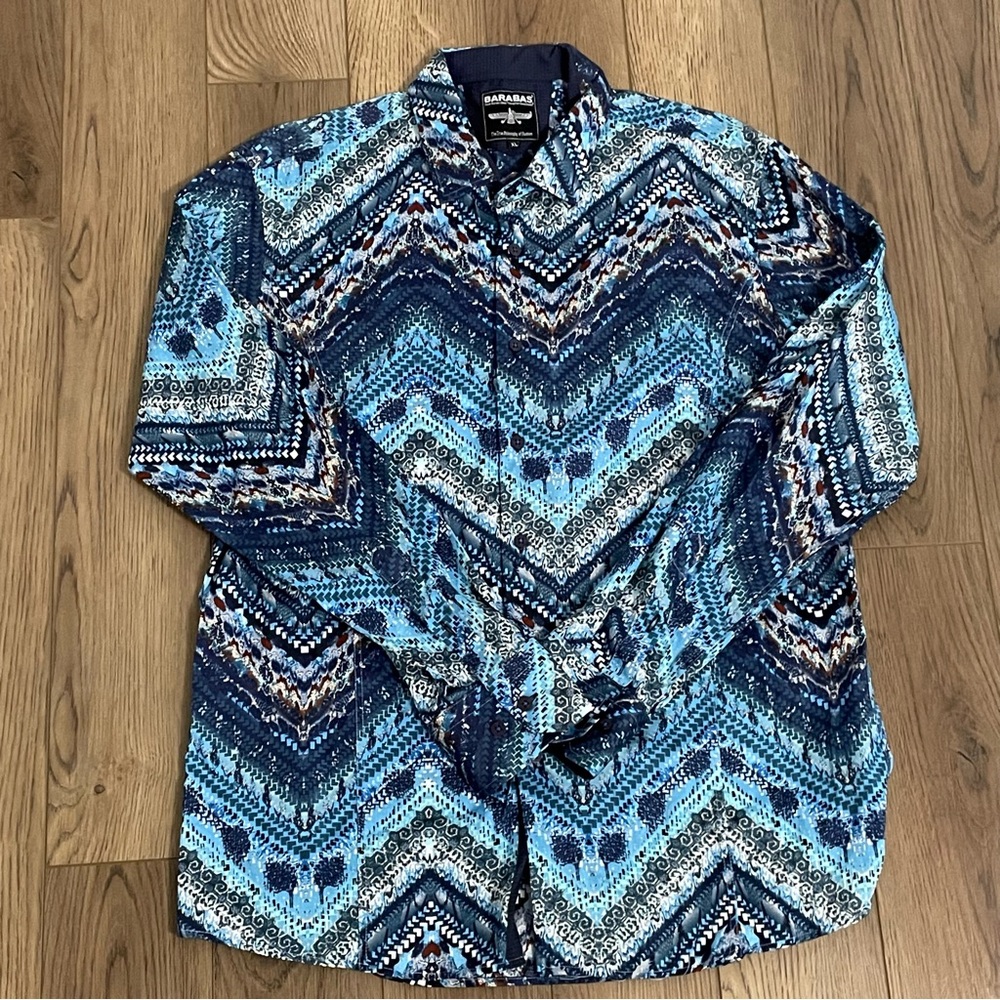 Barabas Tribal Print Long‎ Sleeve Blue Button Down Shirt Herringbone - Picture 2 of 11